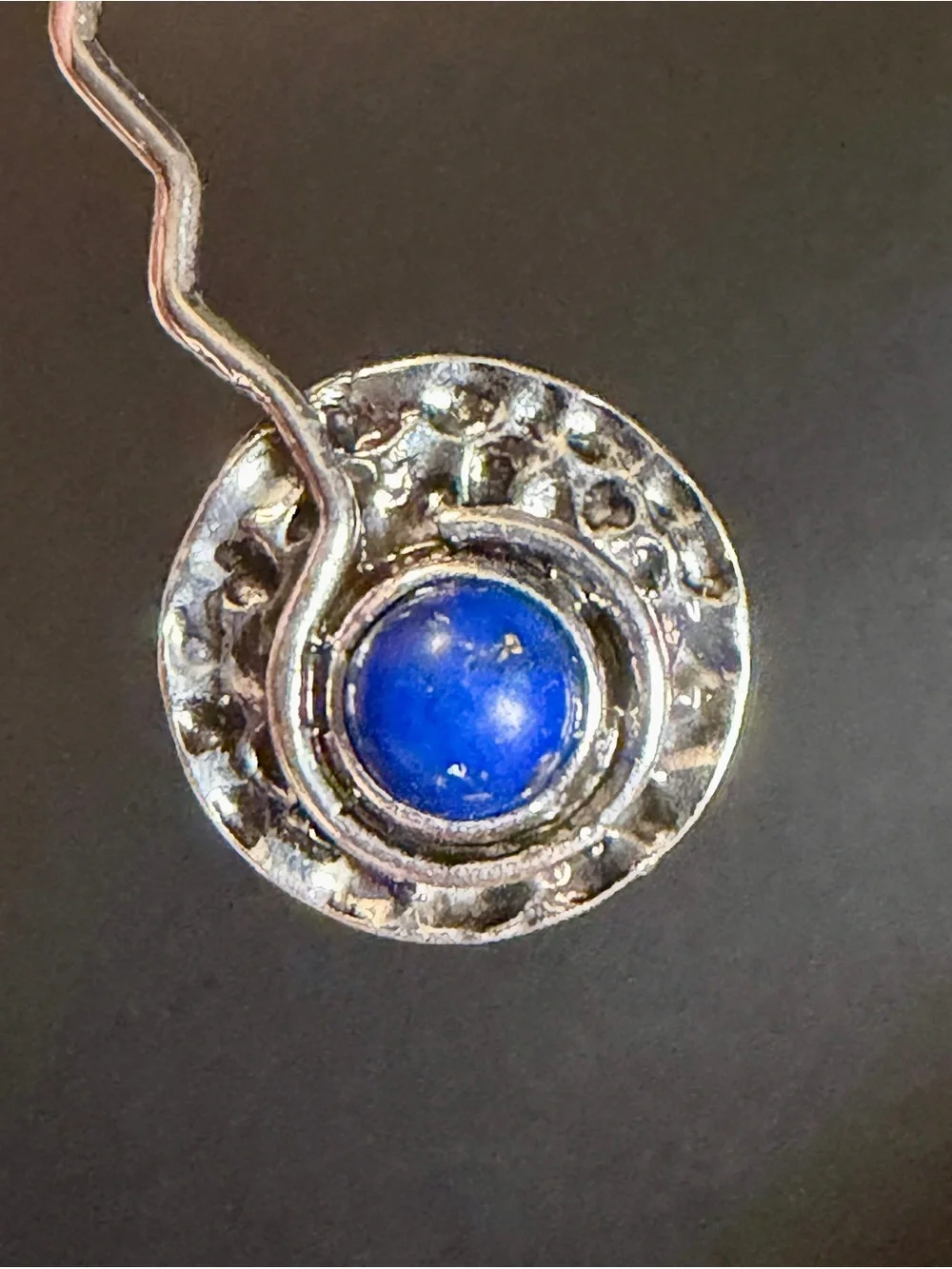 Artisan Sterling Silver Lapis Lazuli Wavy Drop Hammered Disc Dangle Earrings